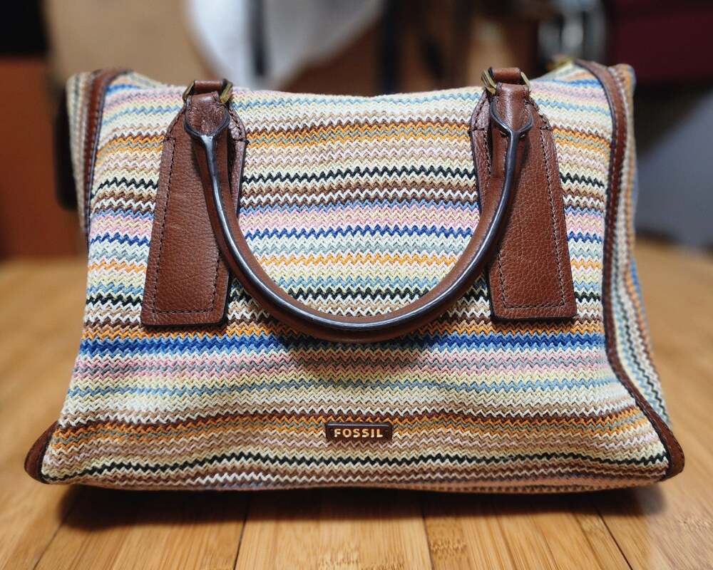 Fossil Parker Satchel Bag Brown Leather Multicolor Muted Rainbow Chevron Stripe